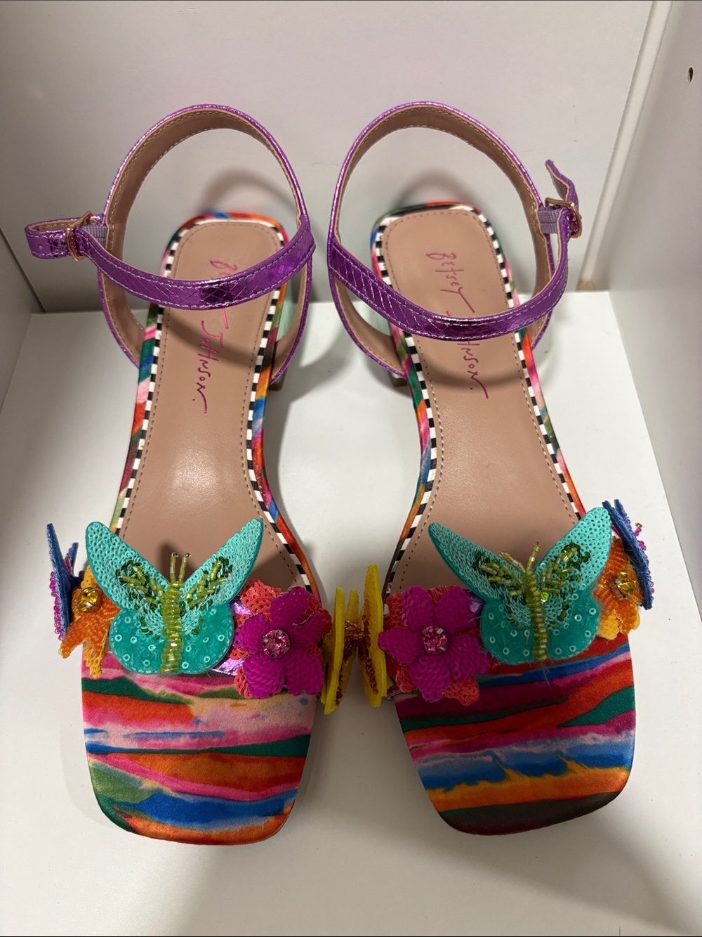 Betsey Johnson Multicolor Striped Butterfly Floral Ankle-Strap Heels